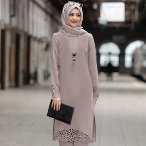 Muslim Dress Women Long Top Hollow Solid Islamic Clothing Hijab Dresses