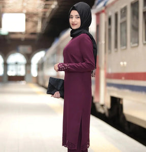 Muslim Dress Women Long Top Hollow Solid Islamic Clothing Hijab Dresses