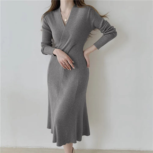 Women New Fashion Long Sleeve V Neck Vintage Dress