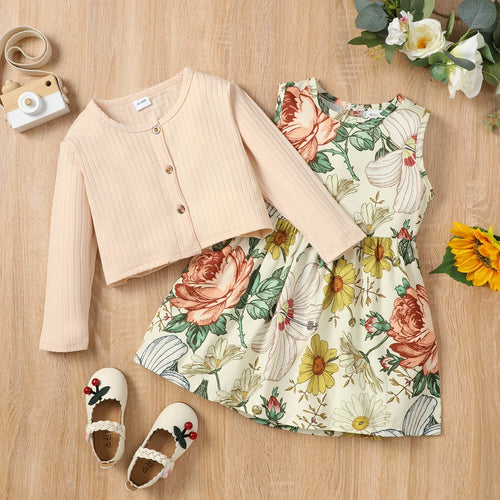 Girl Floral Print Sleeveless Dress and Button Design Long-sleeve Cardigan Set