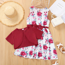 Load image into Gallery viewer, Girl Floral Print Bowknot Design Sleeveless Dress and Cardigan Set